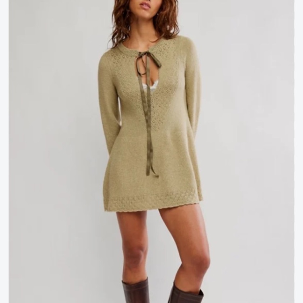 New Free People Olive Tie-Front Knit Mini Dress